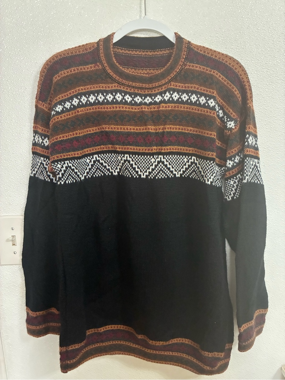 Men's Alpaca Wool Black Fair Isle Crewneck Sweater XL